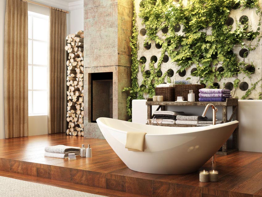 Bathroom with soaking tub and vertical garden