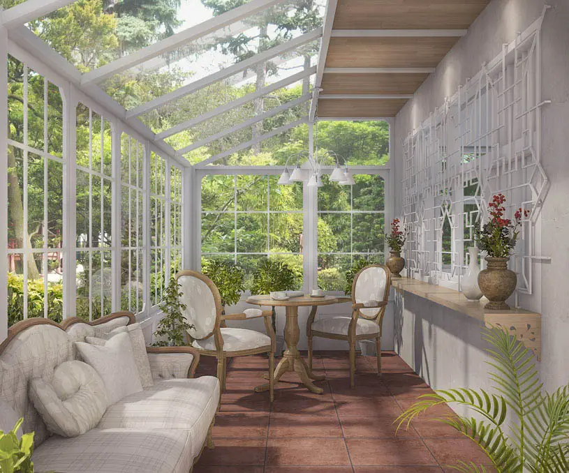 Beautiful sunroom with glass windows and ceiling and tile floors