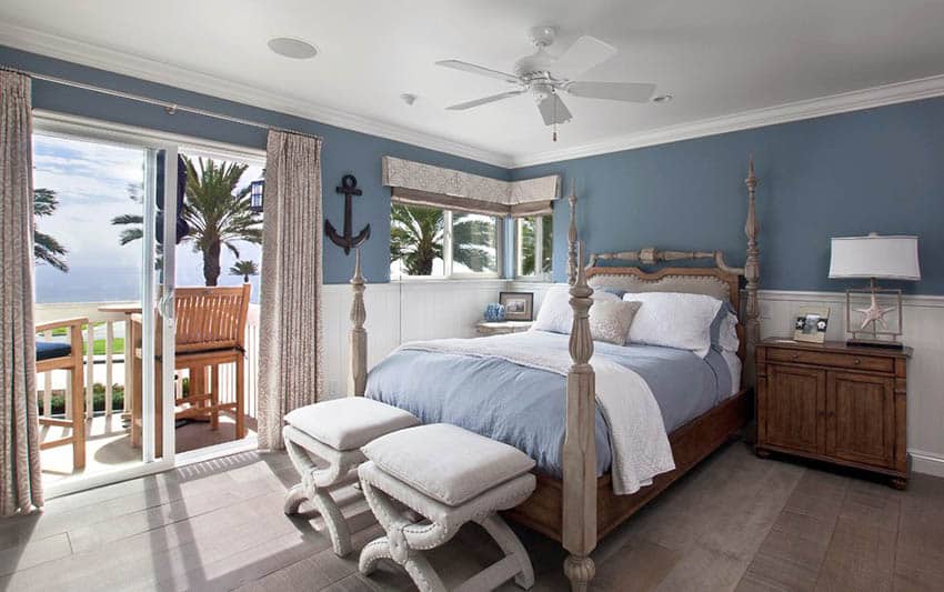 Nautical themed bedroom with blue paint and white wainscoting