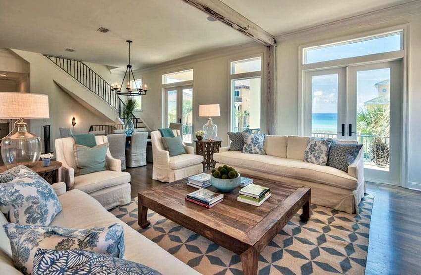 Room with blue and white decor and furniture