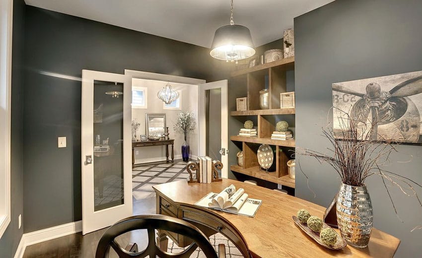 Gray walls, double panel glass door, console table and diagonal pattern flooring