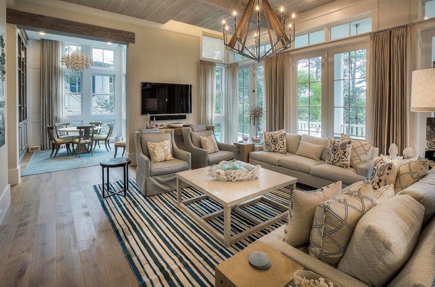 Contemporary living room with beige couches wood flooring and beach decor