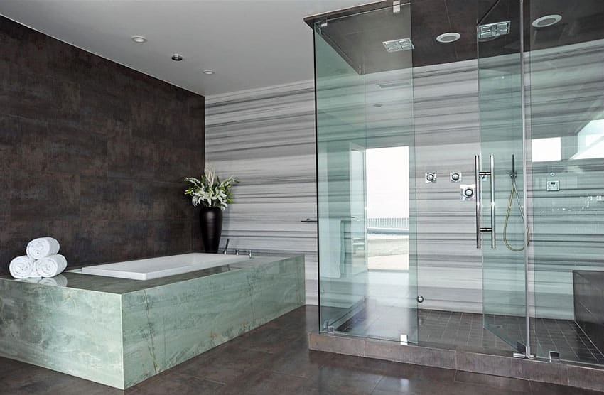 Contemporary master bathroom with hinged shower door