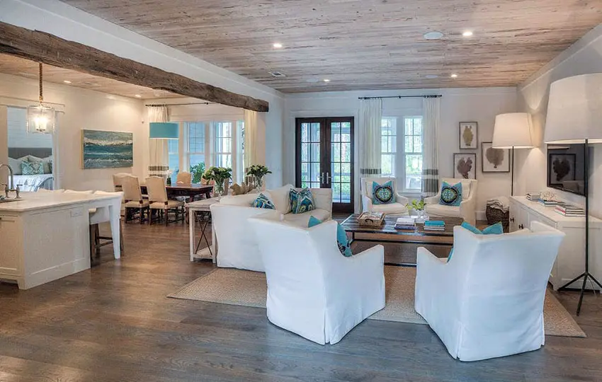 Cottage style living room with wood flooring and wood beam ceiling