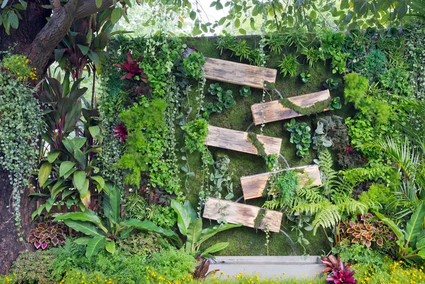 Decorative wood flower planters on vertical fence garden