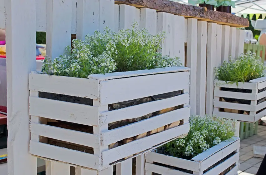 DIY white wooden flower box on fence