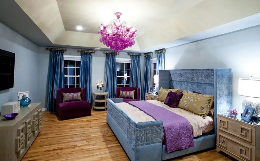 Glam style bedroom and purple chandelier