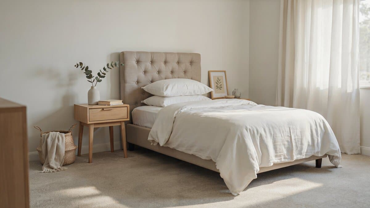 Bedroom with tufted beige headboard and plush light beige wool carpet underfoot
