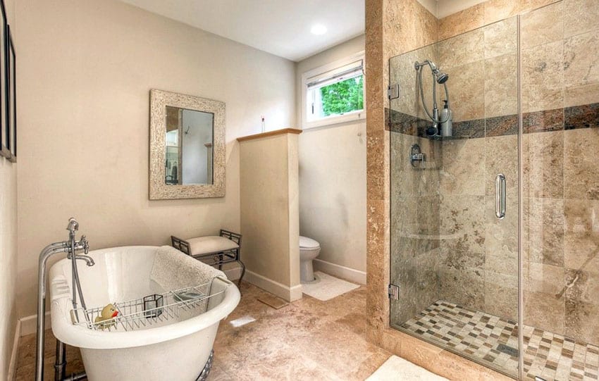 Master bathroom with pivot hinge shower door and freestanding tub