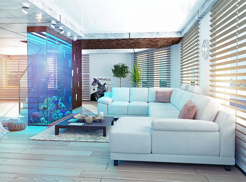 Modern loft living room with large rectangular aquarium