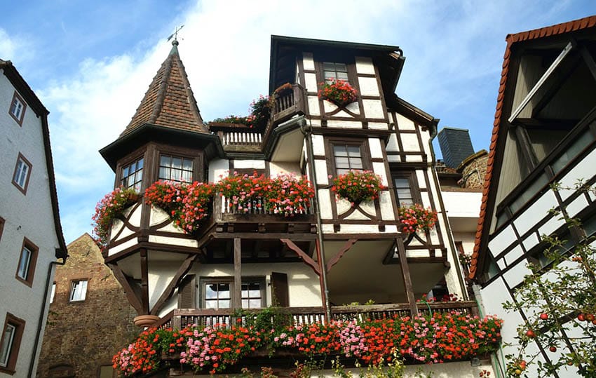 Old German home with balcony and flower boxes