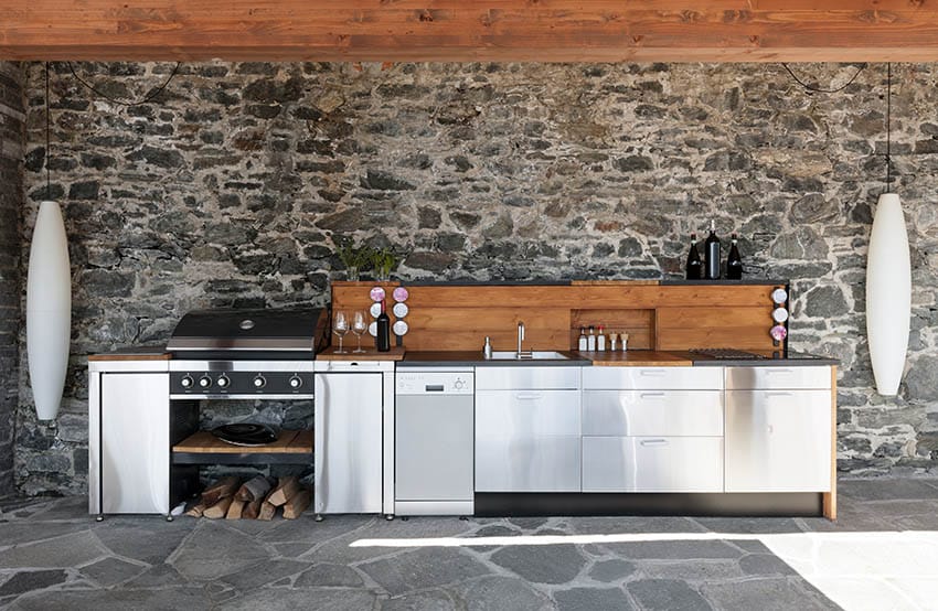 Gray flags patio and stone wall