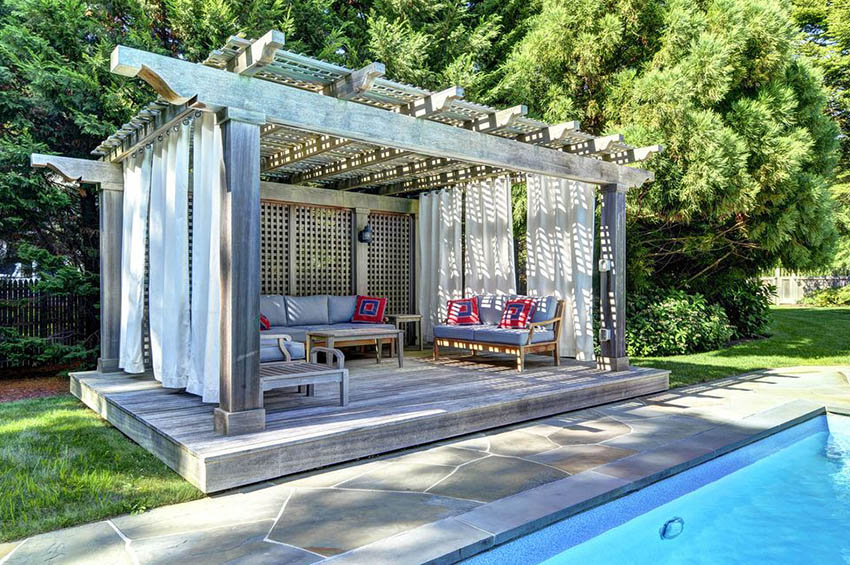 Pool pergola with canopy curtains and lattice top