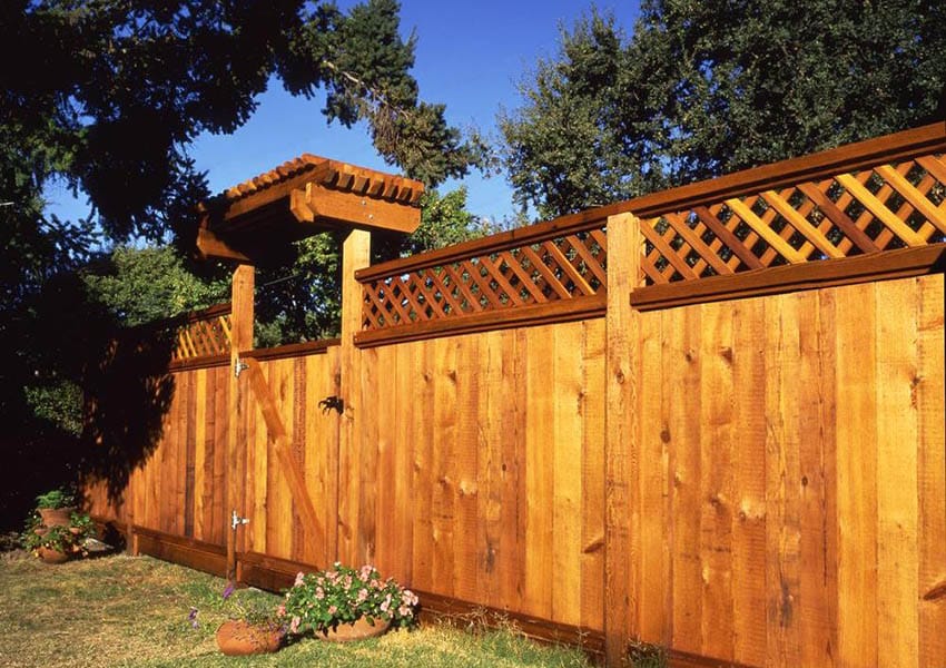 Redwood lattice fence with gate