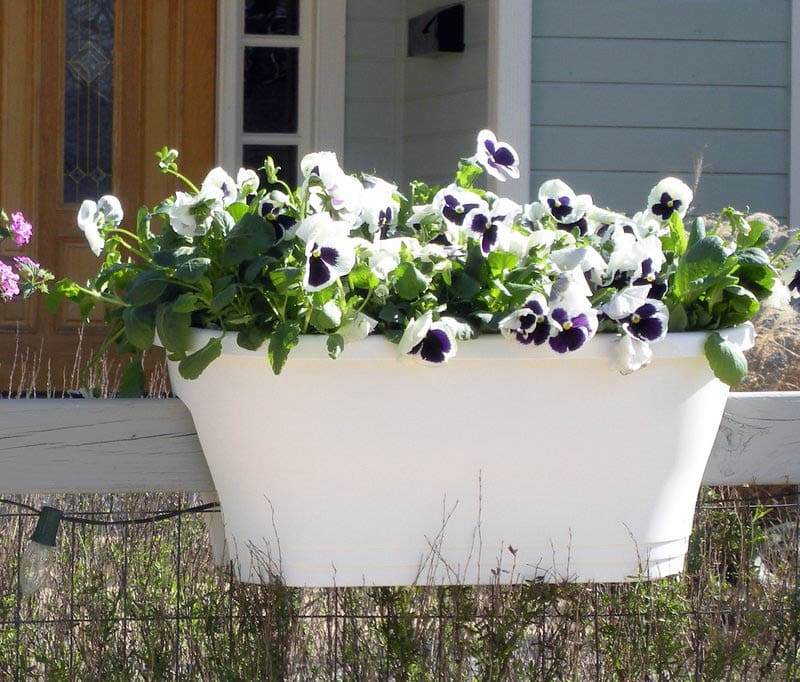 Resin fence rail planter with flowers