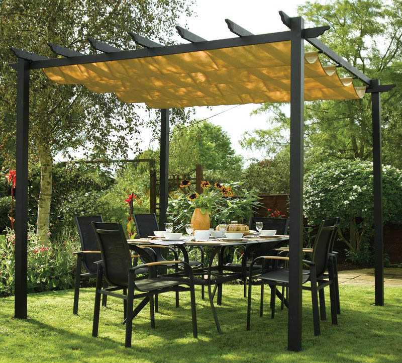 Square freestanding pergola with weather resistant canopy