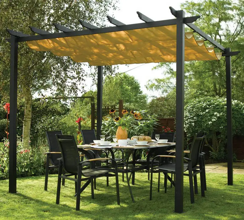 Square freestanding metal pergola with weather resistant canopy