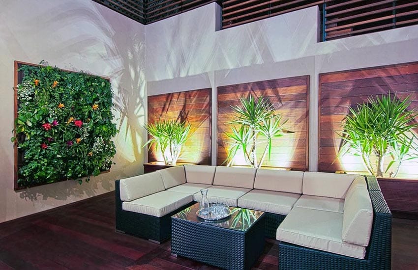 Stylish patio with vertical wall garden