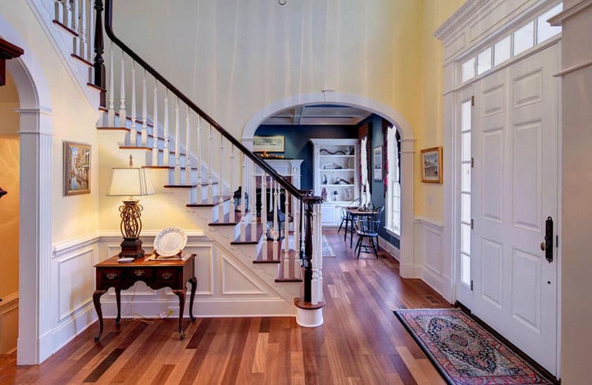 Traditional foyer entry with wainscoting and dark bamboo floors