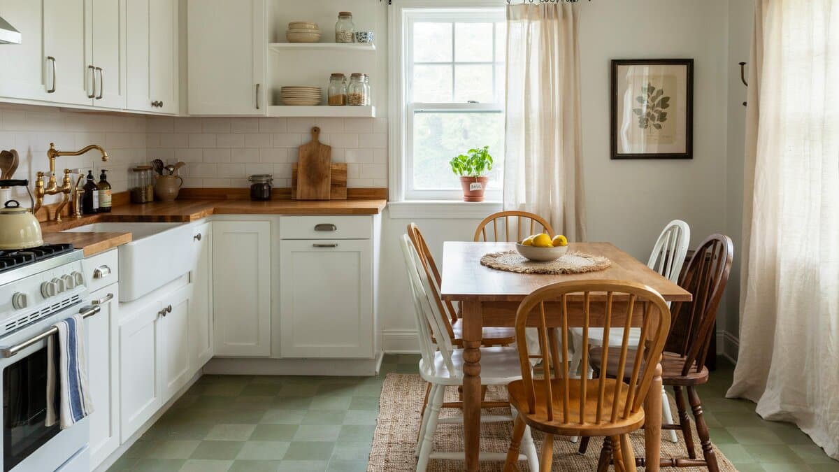Farmhouse kitchen with white shaker cabinets and sage green checkered linoleum floor
