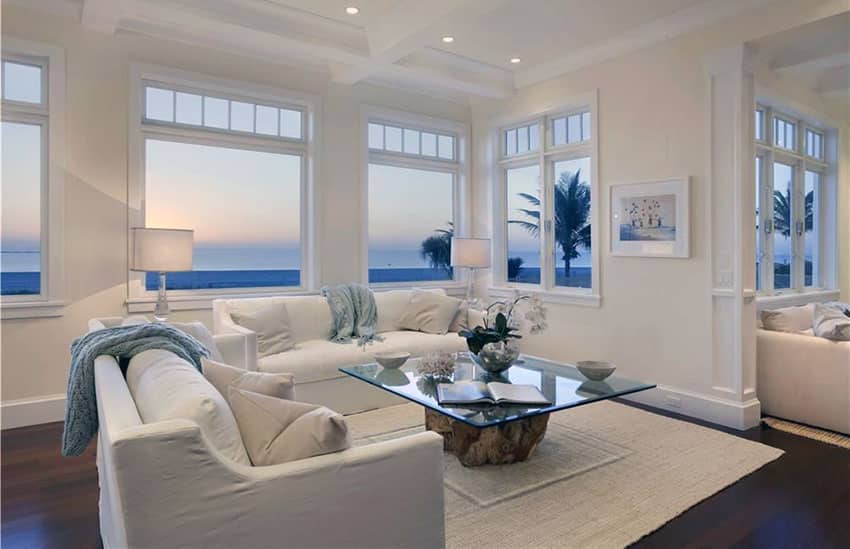 Traditional living room with drift wood coffee table and coastal theme