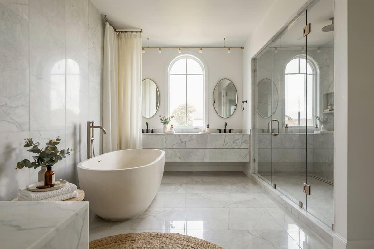 Master bathroom with marble walk in shower and low profile chandelier