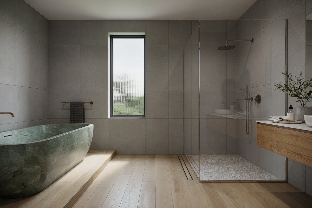 Contemporary bathroom with soapstone bathtub enclosure and porcelain walls