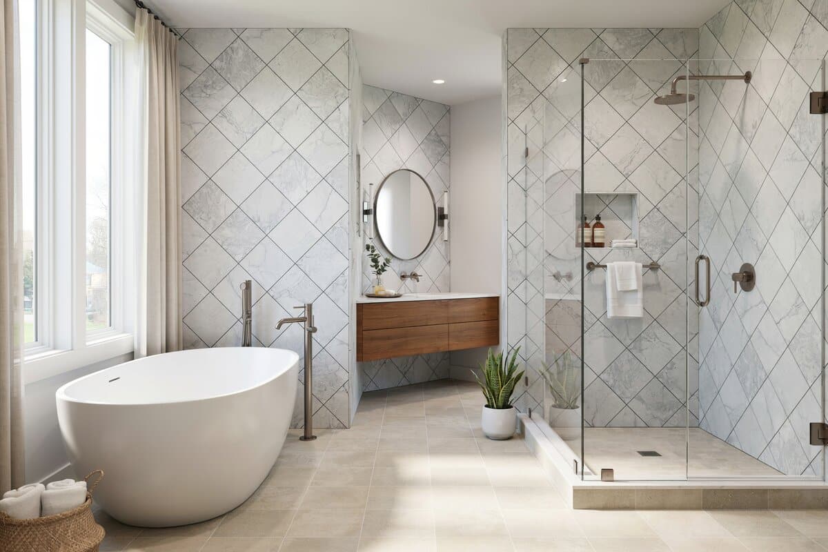 Contemporary bathroom with frameless shower, bathtub and beige floors