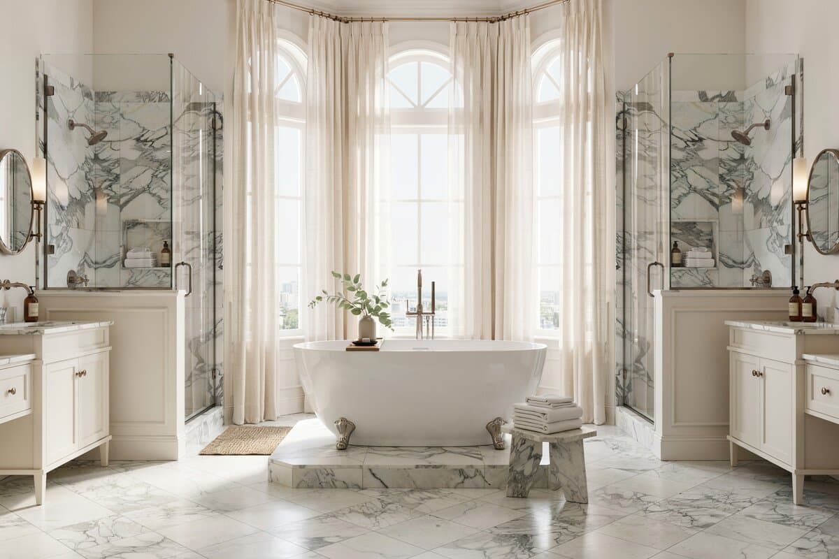 Bathroom with center tub and his and her showers with Carrara marble