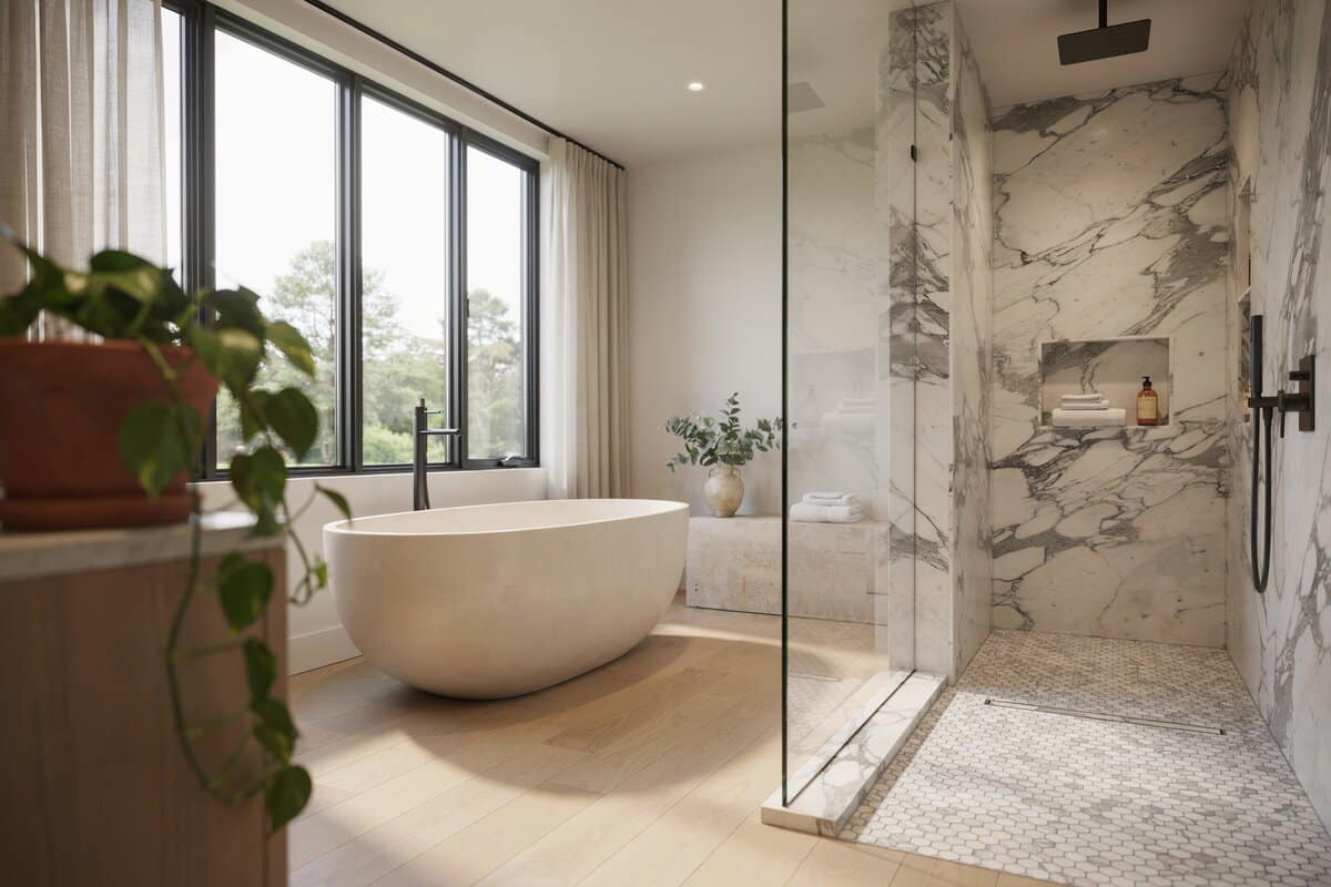 Picture windows and marble tiled walls and floors