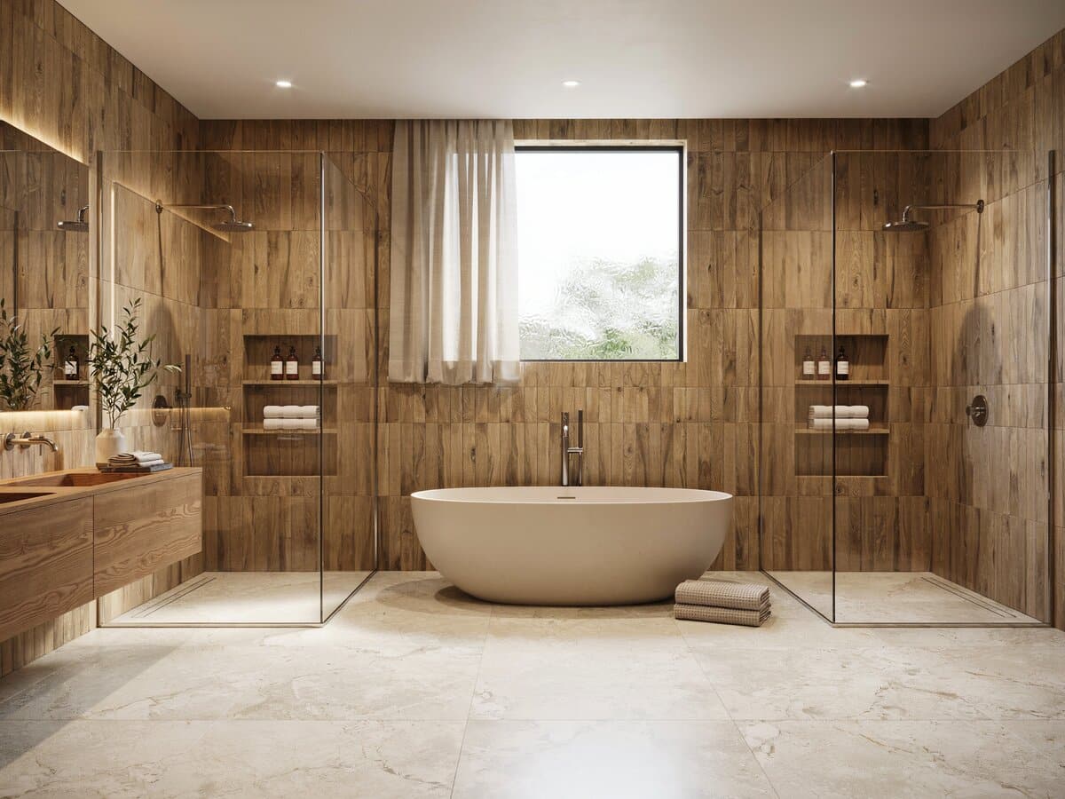 Bathroom with 2 shower areas, vertical ceramic tiles for the walls and granite floor tiles