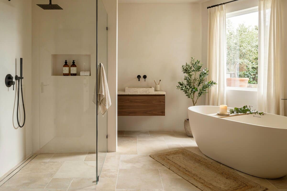 Shower area with frameless glass partitions and elliptical tub