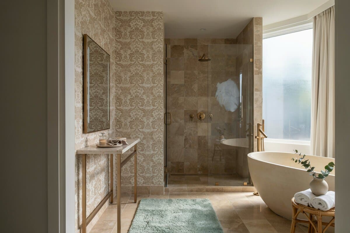 Bathroom with metallic wall paper, mirrors with white frames and shower with travertine tiles