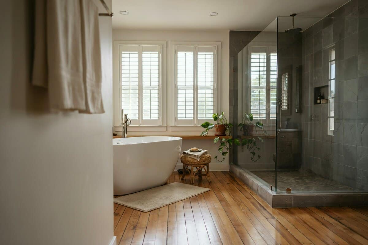 Bathroom with solid pine flooring, window with shutters and wood doors