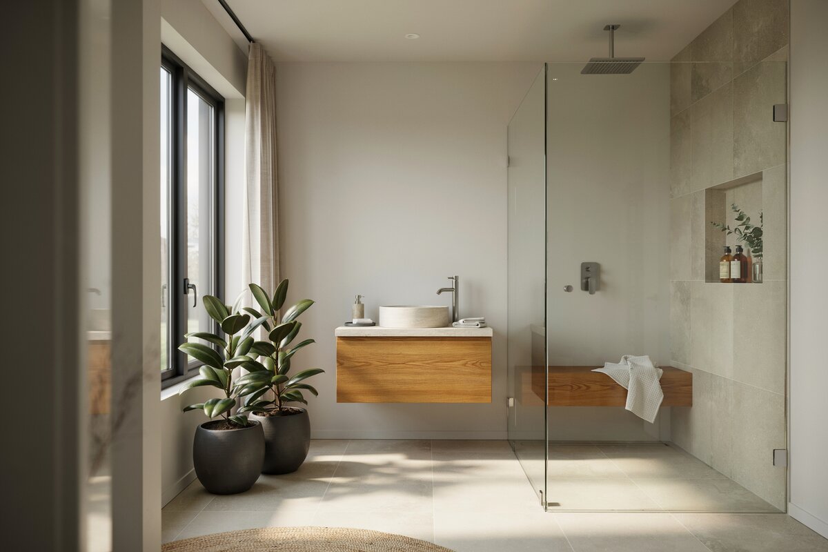 Bathroom with textured tiles, large window and rubber plant placed at the back of the tub