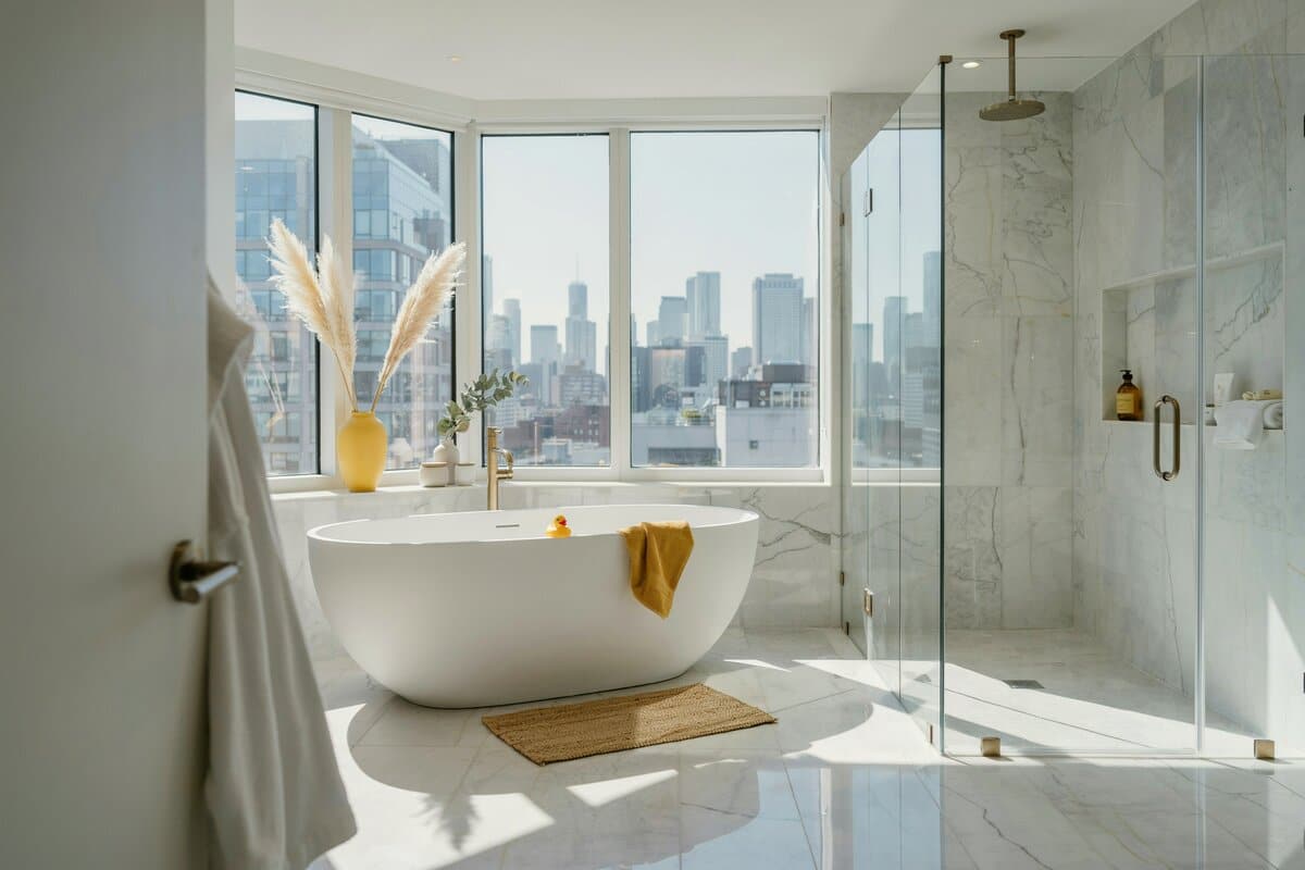 Bathroom with a skyline view with yellow accents and light grain patterned tiles