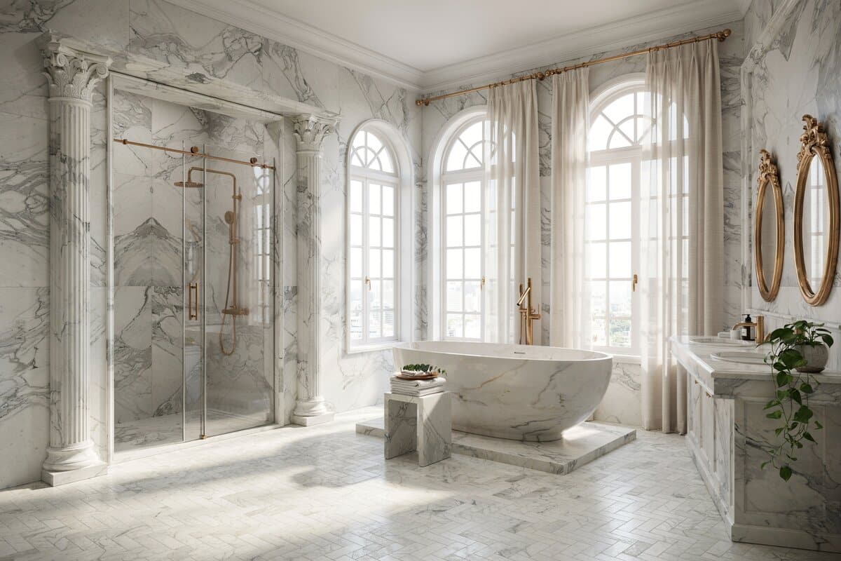 Bathroom with Neoclassic motifs and all white color scheme