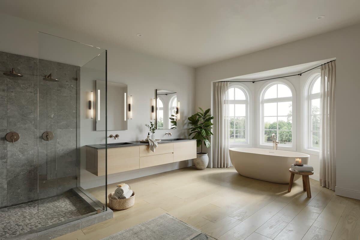 Large vanity space with spacious powder room and bay window area