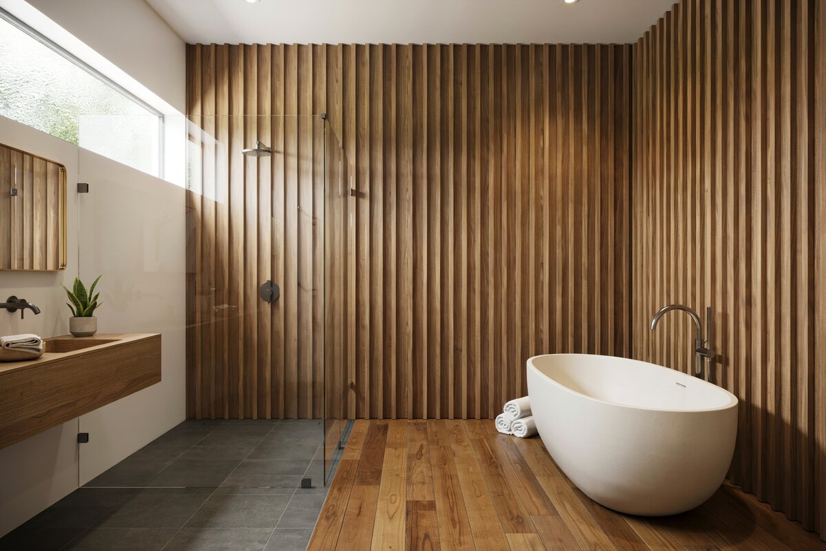 Floors in walnut finish and wall in wood laminates with wall-hung shelves with tub and shower