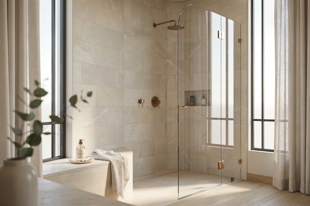 Shower with curved seating and clad in cream colored tiles with brass fixtures