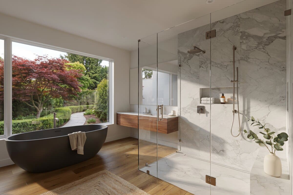 Bathroom with view of backyard garden with dark cabinets and horizontal vanity lights