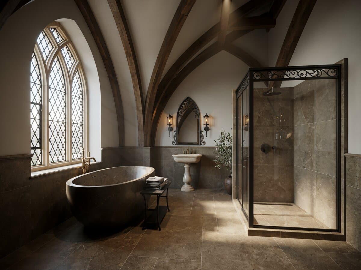 Bathroom with Gothic cathedral ceilings and arched window