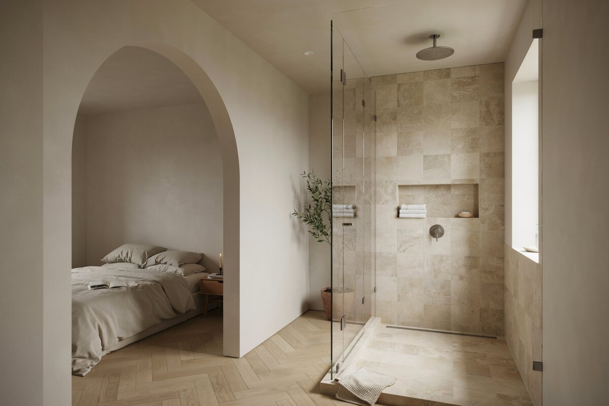 Bathroom adjoining the bedroom with semi enclosed shower