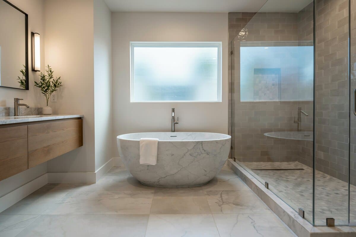 White floors, gray shower backsplash and tiles placed diagonally