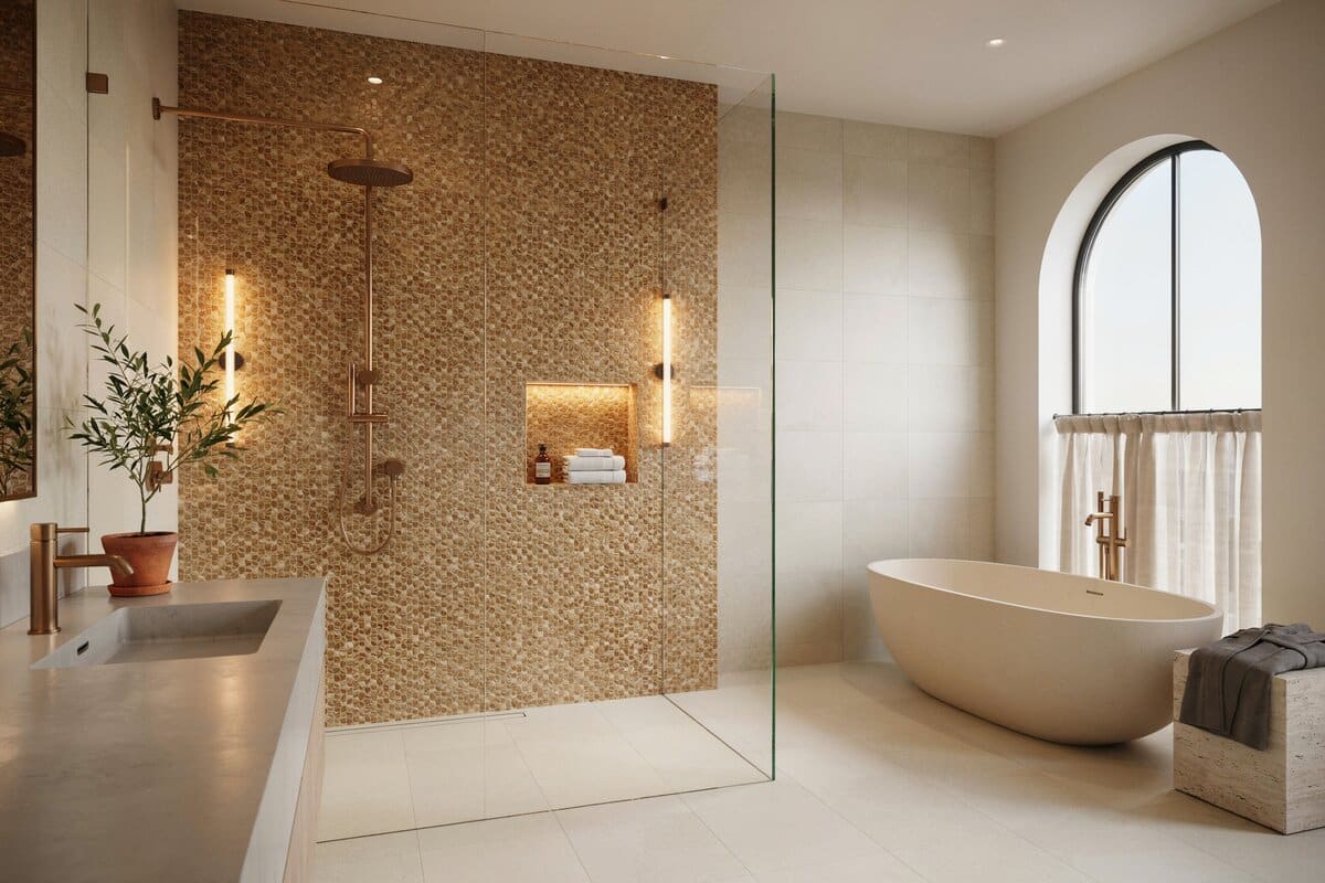 Penthouse shower gold mosaic style tiles and wall lighting fixtures