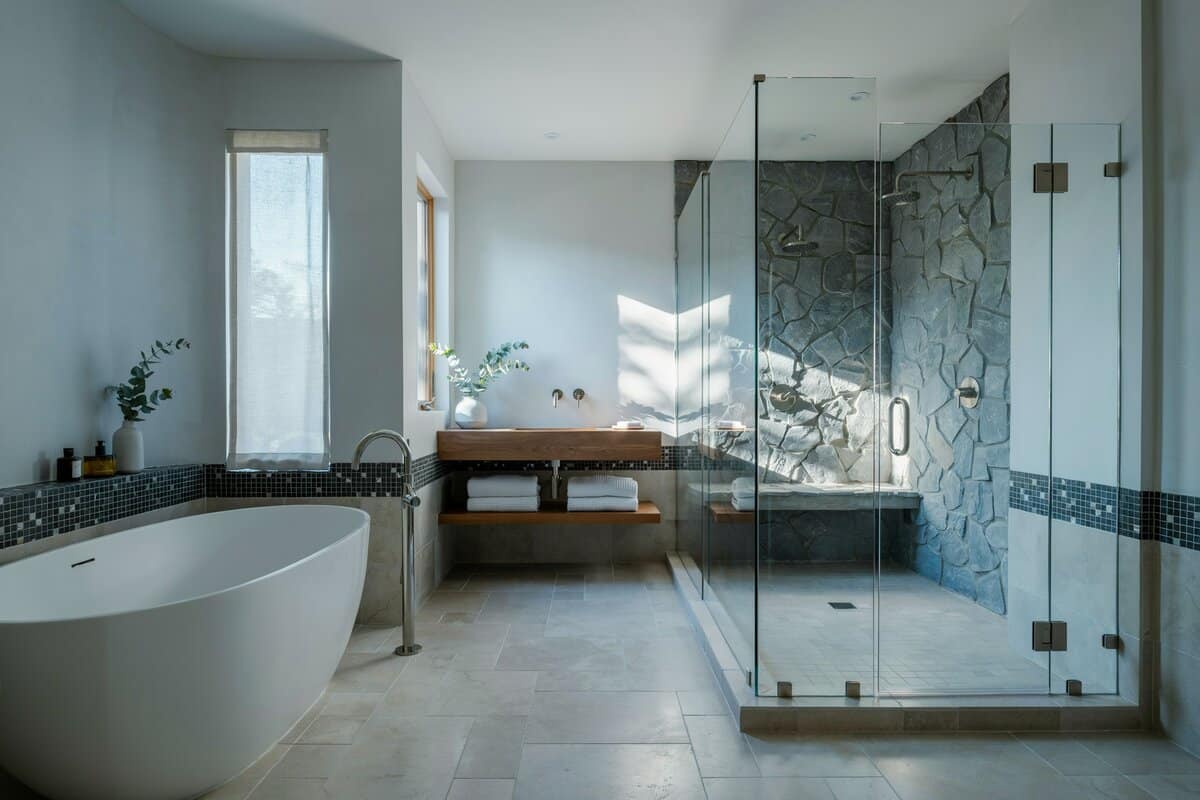 Bathroom with center shower and limestone flooring