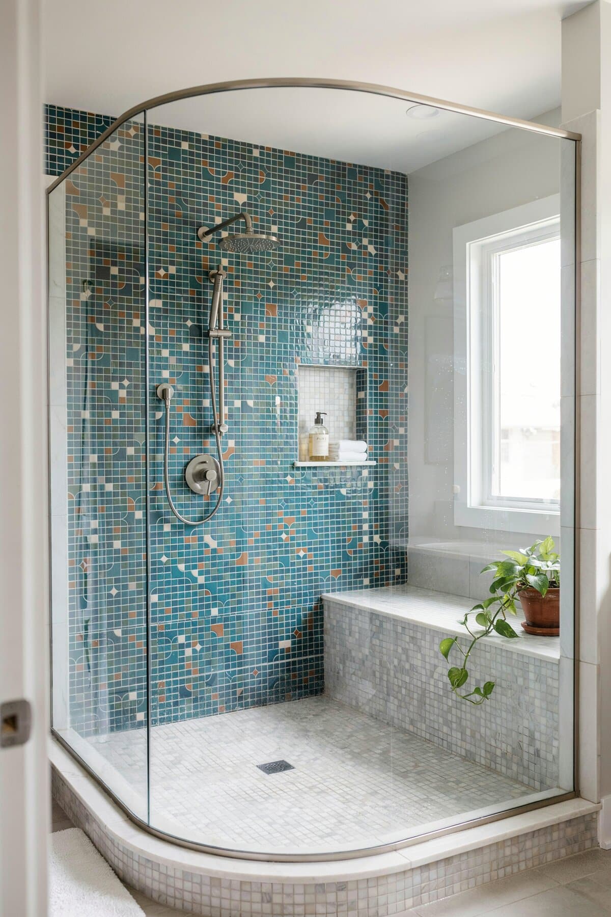 Shower with black and white glass tiles