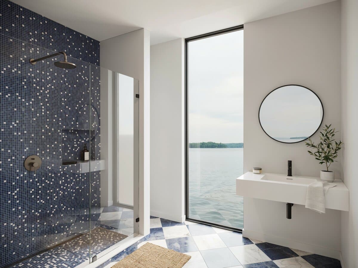 Floor with checkerboard pattern with pixelated look for shower walls