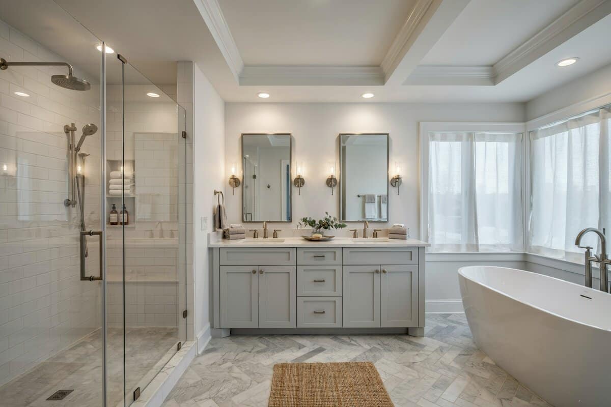 Bathroom with coffered ceiling and three panel windows and bathtub
