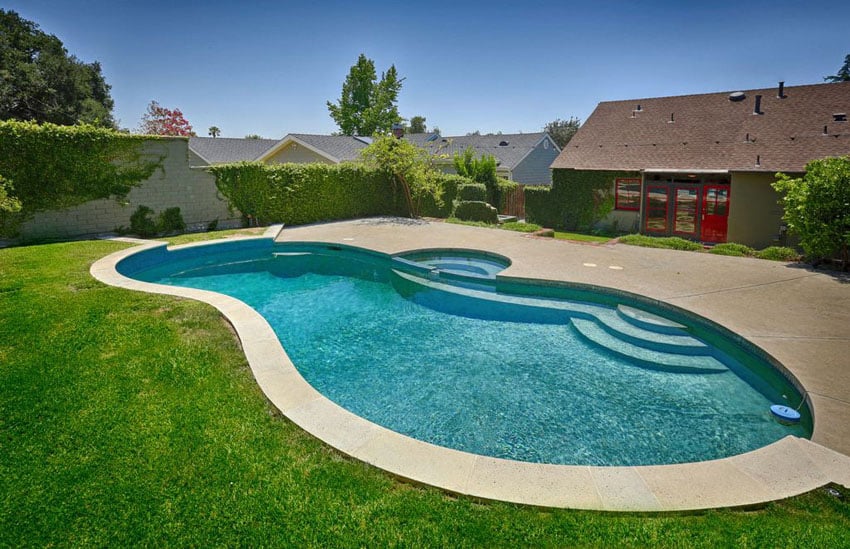 Backyard pool with concrete patio and lawn area